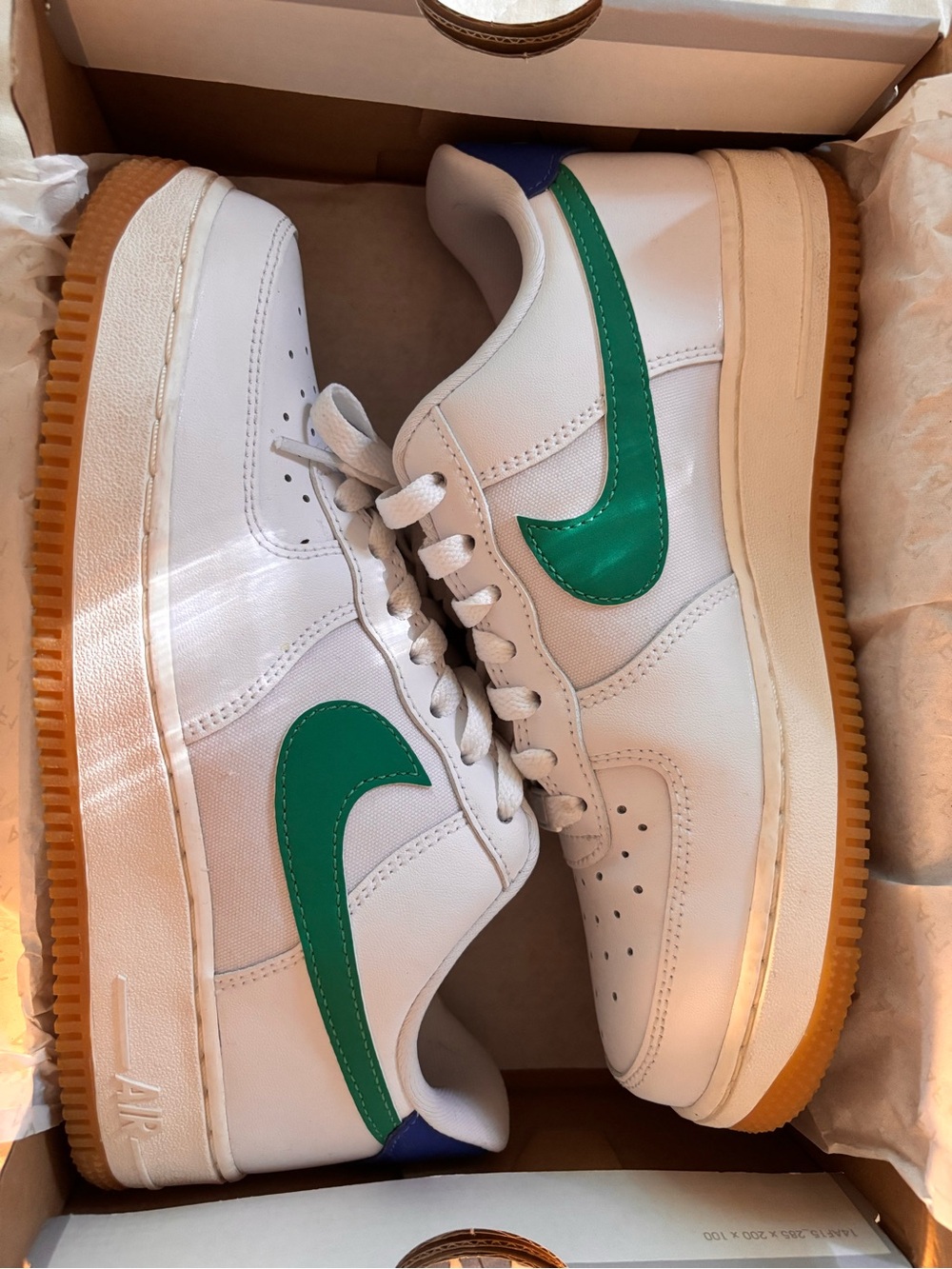 Nike Kids White Sneakers with Green Swoosh and Gum Sole